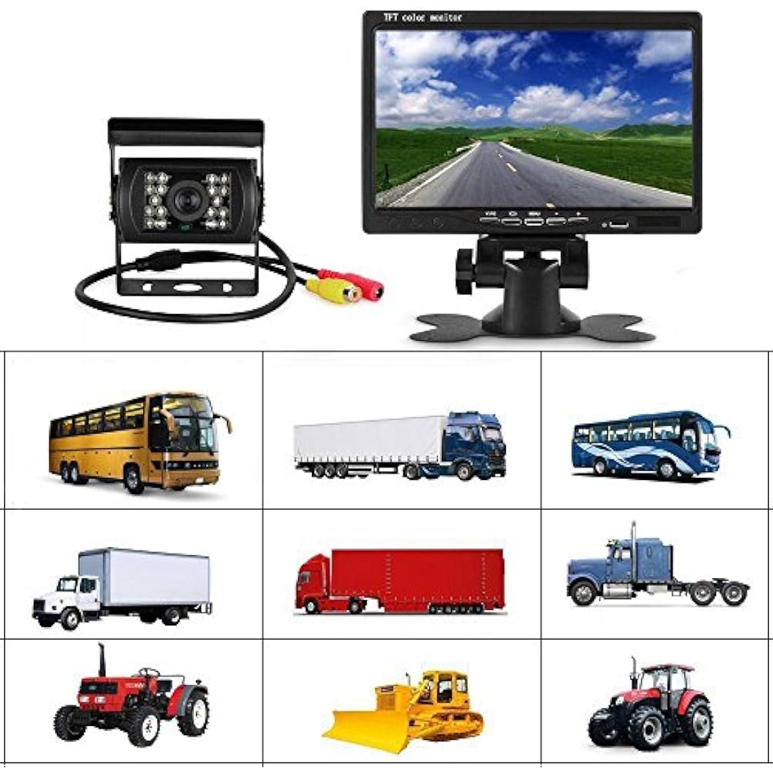 Reversing Camera Kit, 18LEDs IR Night Vision Waterproof Rear View Reversing Backup Camera with 10M Cable +12V-24V 7" Car TFT LCD Screen HD Monitor for Large Truck/Bus/RV/Trailer/Tractor/camper