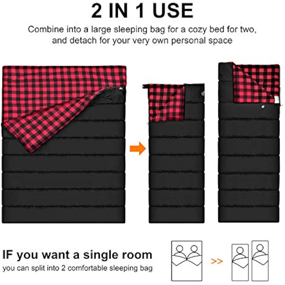 Double Cotton Flannel Sleeping Bag for Camping, Hiking, or Hiking. Queen 2 Cold Weather Waterproof Sleeping Bag for Adults or Teenagers.