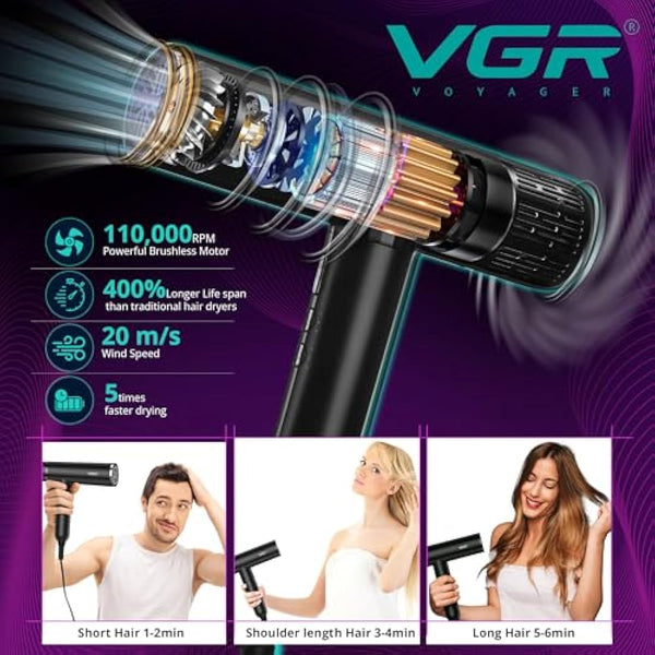 VGR Professional Hair Dryer - High Speed Powerful Brushless 11000 RPM - Fast Dry Negative Ionic - Lightweight Blow Hairdryer with Diffuser for Curly Hair and Nozzle - Quiet Low Noise