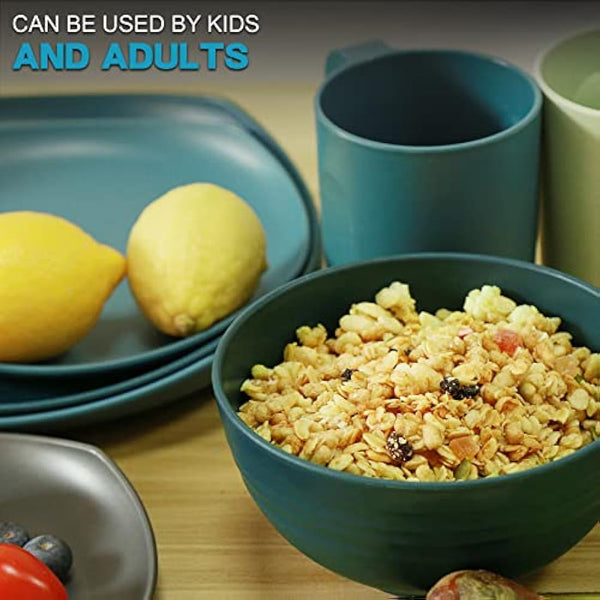 Greentainer Unbreakable Lightweight Dinnerware Sets, Plastic Dinner Set, 4 Dining Plates, 4 Bowls, 4 Cups, Microwave and Dishwasher Safe, Camping Tableware for Kids and Adults, Service for 4(Blue)