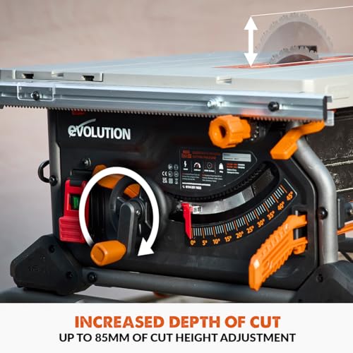 Evolution Power Tools R255TBLX+ Table Saw With Stand (Next Gen Rage 5-S) Multi-Material Cutting Blade Included Cuts Wood Metal Plastic, 45˚ Bevel, +/- 60˚ Mitre Angle, 85mm Cut Depth, 1800w Motor 240v