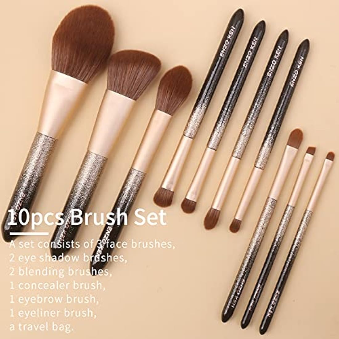 ENZO KEN Natural Hair Makeup Brush Set Professional, Sable Makeup Brushes Set with Case, Natural Hair Brushes Makeup Set, Glitter Make up Brushes Set Professional - ORRA, Black