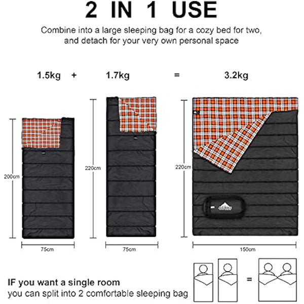 Double Cotton Flannel Sleeping Bag for Camping, Hiking, or Hiking. Queen 2 Cold Weather Waterproof Sleeping Bag for Adults or Teenagers.