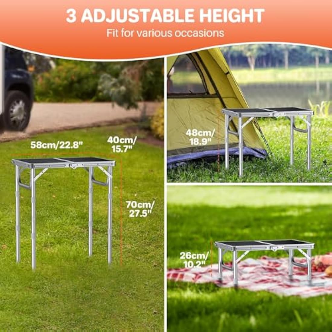 FUNYKICH 2ft Small Folding Camping Table, 3 Height Adjustable Portable Picnic Table, Lightweight Aluminum Outdoor Tables with Carry Handle for Camping, Picnic, BBQ, 58x40cm(L22.8 xW15.7), Silver