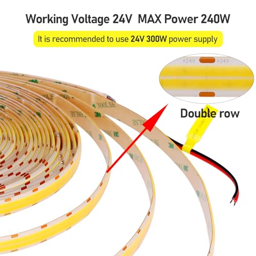 GOMING 32.8ft(10M) DC 24V Double Row COB LED Strip Light Warm White 3000K IP65 Waterproof 6000LEDs CRI 93+ 20000lm Uniform Glow Dotless Flexible LED