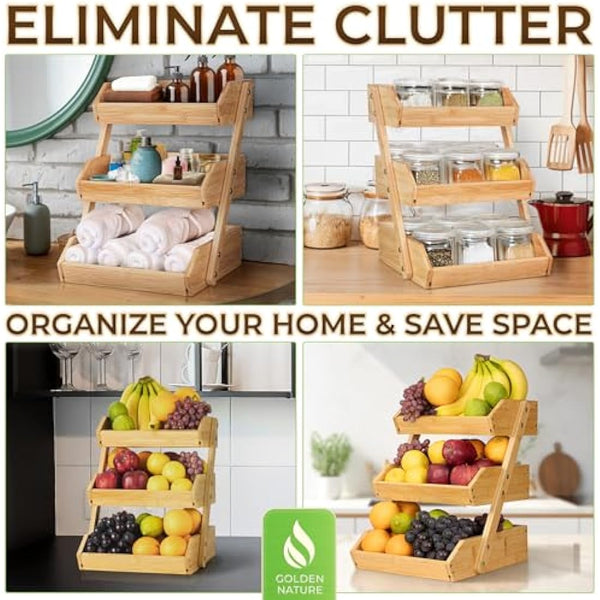 Golden Nature - Fruit Basket - 3-Tier Bamboo Fruit & Vegetable Storage Organiser for Kitchen Counter - Lightweight & Easy Assembly Countertop Fruit Stand Holder Bowl w/Included Screws