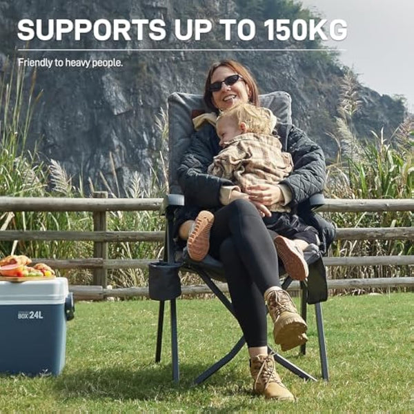 EVER ADVANCED Luxury Camping Chairs 2 Set for Adults Heavy Duty High Back Oversized Folding Garden Chair Comfy Padded 6cm Loadable 150kg Adjustable Dining Chairs 4-Position Recliner Chair Grey