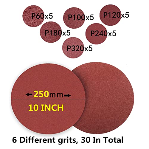 FEIHU 250mm Sanding Discs, Aluminium Oxide, Black, Hook & Loop, Grit 60/100/120/180/240/320, For Sander Polishers, Pack of 30