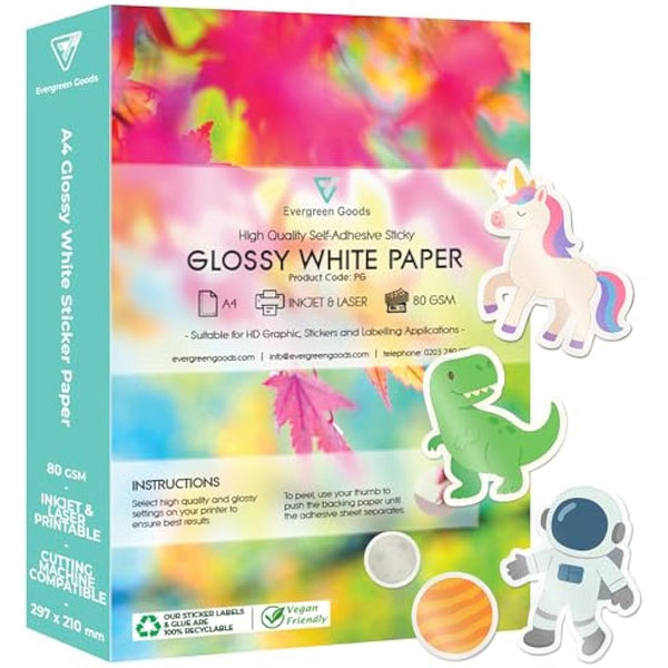Evergreen Goods 500 Sheets A4 White Glossy Self Adhesive Sticky Back Label Printable Sticker Paper | Inkjet & Laser Printing