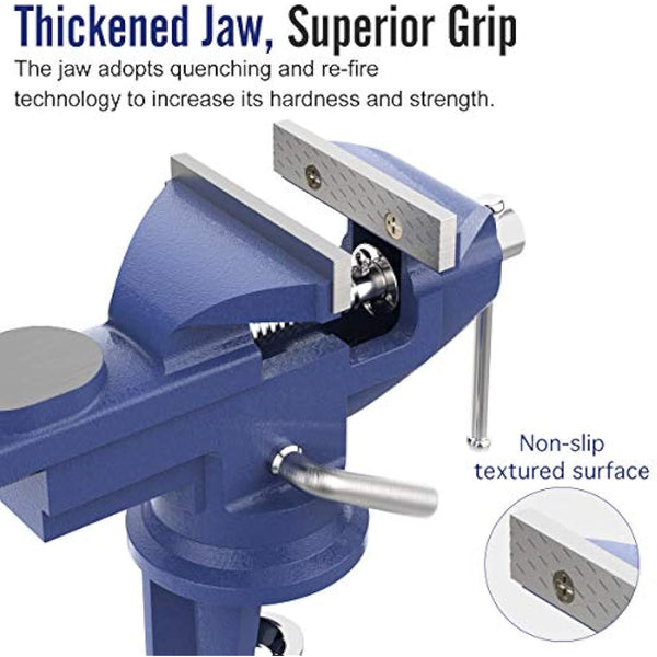 Housolution Universal Table Vice 3 Inch, 360° Swivel Base Bench Clamp Home Repair Tool - Portable Work Bench for Woodworking, Cutting Conduit, Drilling, Metalworking - Blue