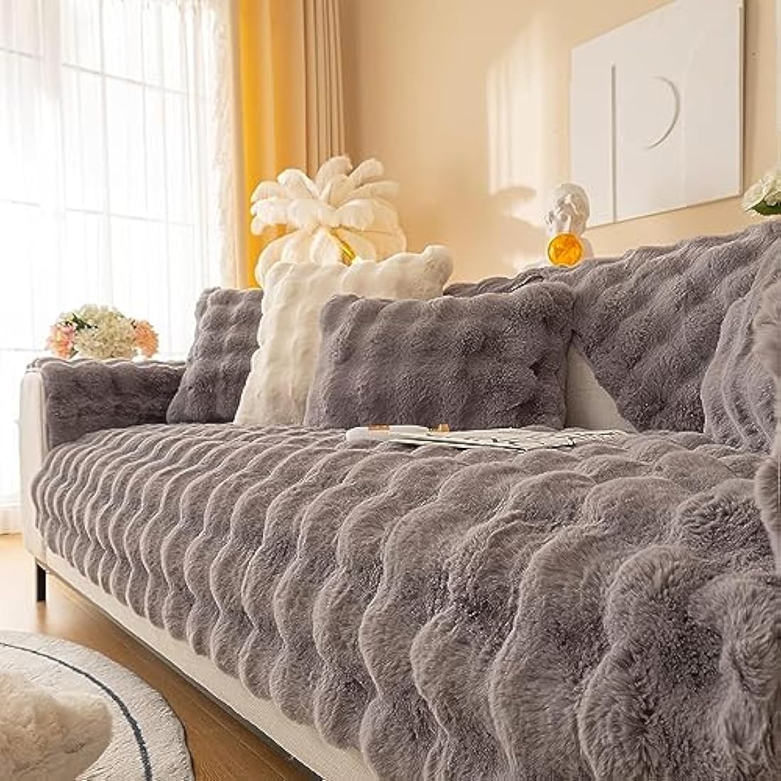 Thick Rabbit Plush Sofa Covers 1 2 3 Seater, Non-Slip Sofa Slipcovers For Corner L Shape, Funny Fuzzy Sofa Cover, Warm Velvet Sofa Cushion Covers, Washable Furniture Protector (Dark Gray,110x160cm)