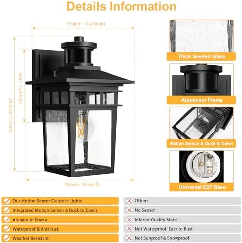 APOTO Motion Sensor Outdoor Lights, Dusk to Dawn Exterior Wall Light 3 Modes, Porch Light Fixture for House, Waterproof Aluminum Anti-Rust Lantern for Garage Entryway, Motion Activated, E27 Bulb Base