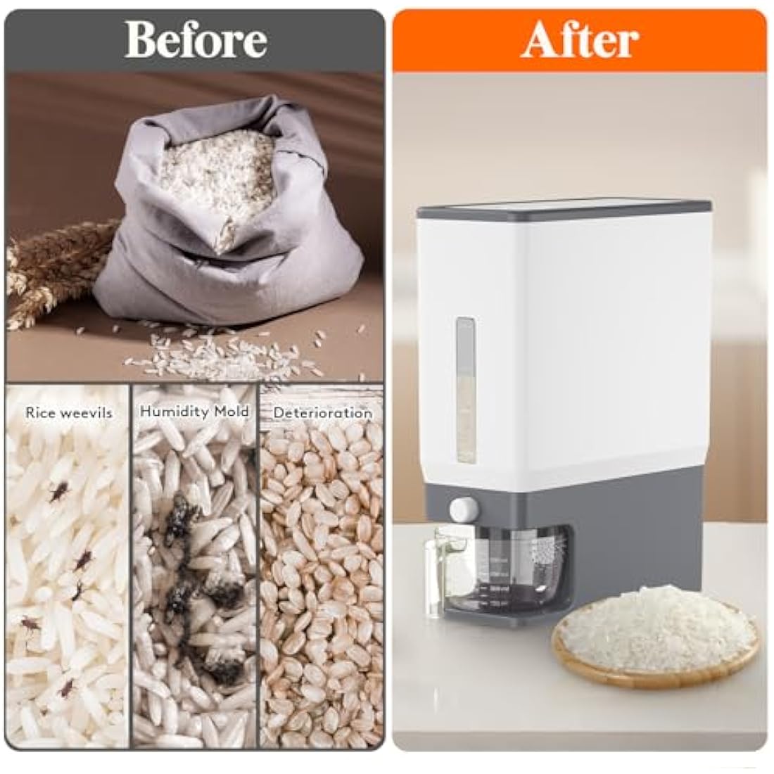 Lifewit Rice Dispenser Container 25 Lbs(11.3kg), Cereal Grain Flour Containers Storage with Measuring Cup, Sealed Moisture Proof Rice Bucket, Dry Food Soybean for Kitchen Pantry Household, BPA-Free