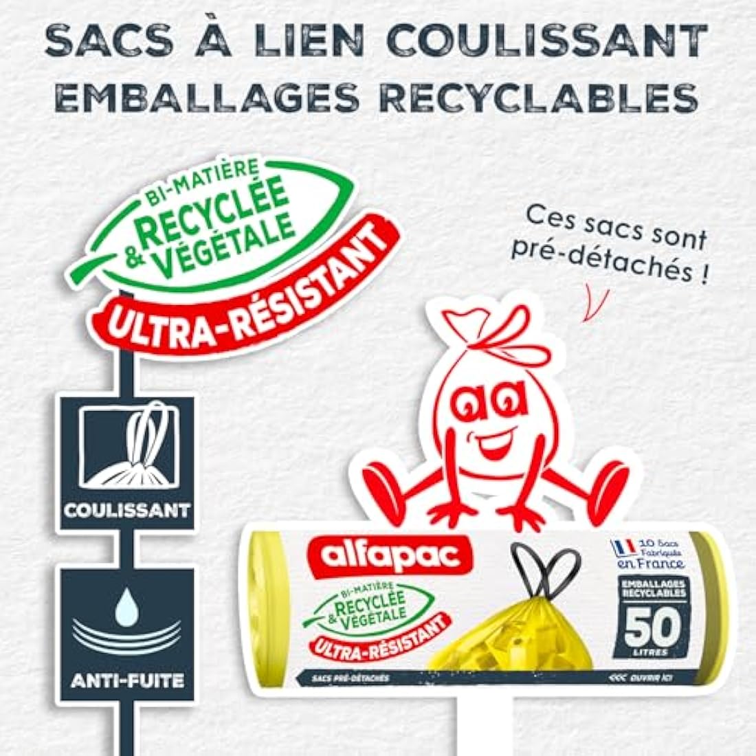Alfapac - Bin Liners with Drawstring - Heavy Duty - Recyclable Packaging Sorting (excluding Glass) - 76% Recycled and 15% Vegetable - Made in France - 10 x 50L, Green