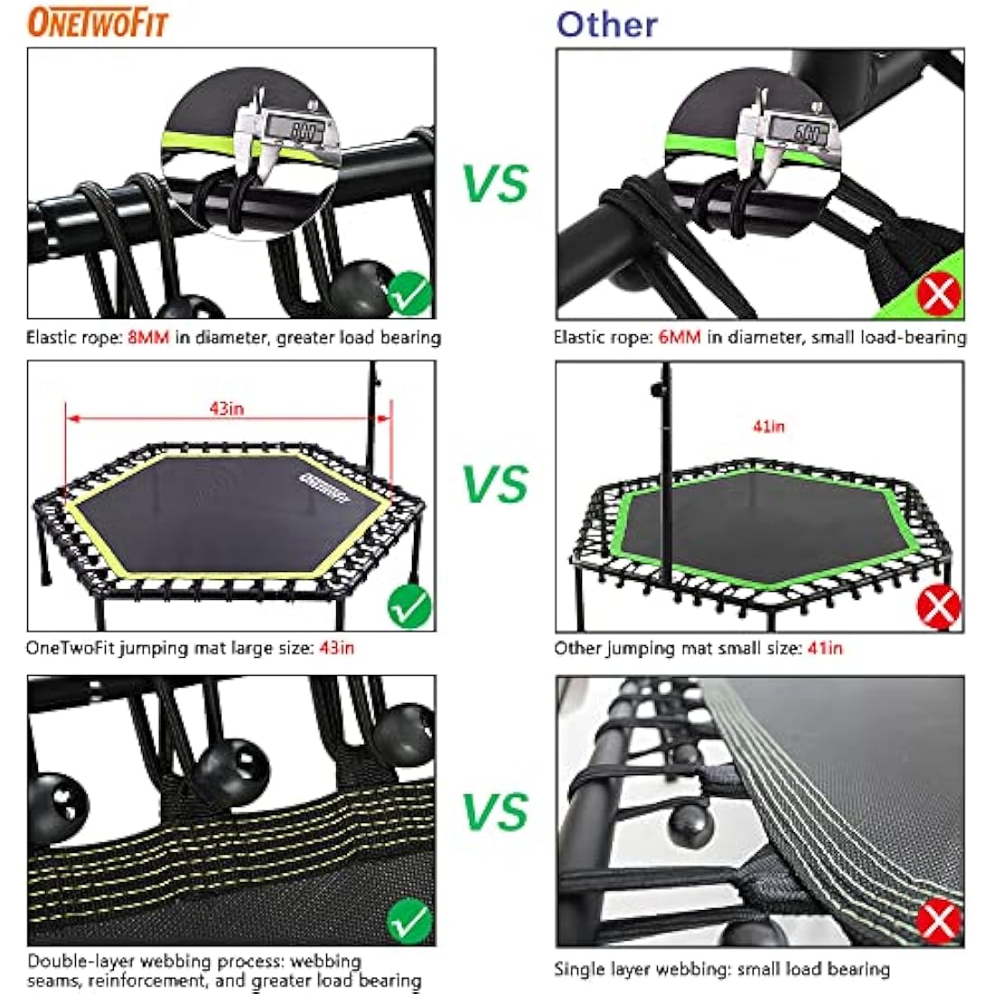ONETWOFIT 45"/48"/51" Silent Mini Fitness Trampoline with Adjustable Handle Bar Fitness Trampoline Bungee Rebounder Jumping Cardio Trainer Workout for Adults or Kids