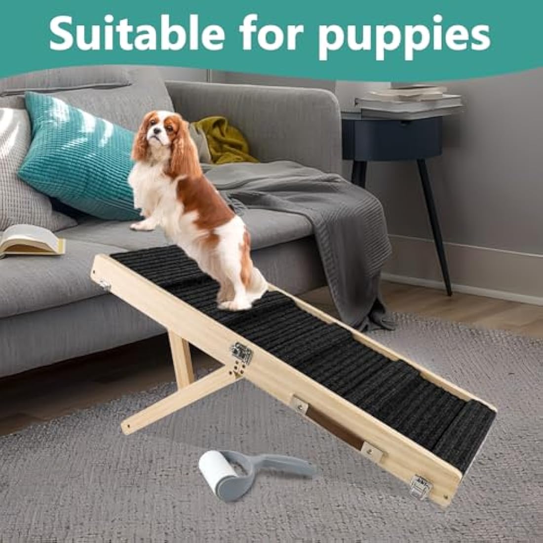 Umtiti Wooden Folding Portable Pet Ramp. 4 Levels Adjustable 9" to 17.3" with Non-Slip 5 Paw Traction Mat for Small Medium Doggie.Dog Ramps-BK,UK