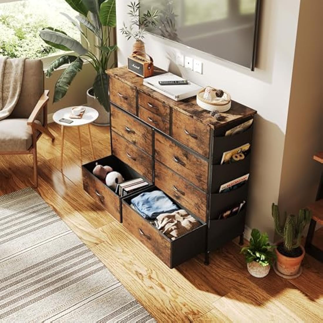 Flrrtenv Chest of Drawers, 100cm Wide Dresser for Bedroom with 10 Drawers, Tall Fabric Storage Organizer Fit for Nursery, Living Room, Closet - Rustic Brown