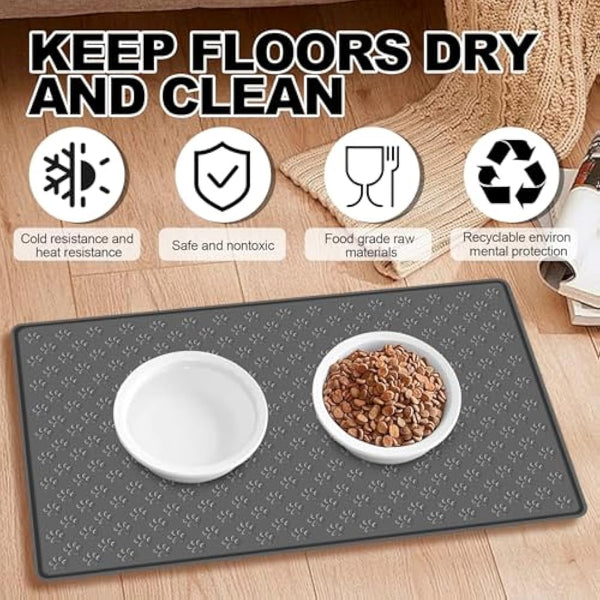 MOACC Dog Food Mat, Silicone Pet Feeding Mat, Non Slip & Waterproof Bowl Mat for Dog and Cat, 47 x 30 cm, Grey Paw Pattern