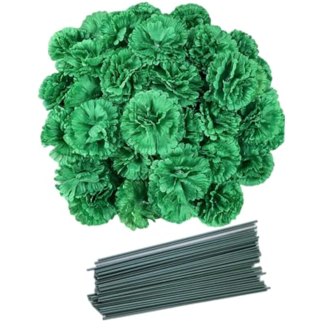 50 Artificial Silk Carnation Flower Head with Stems Set,Vase Fillers for Home Decor Bridal Wedding Party Birthday Cake Ornaments,DIY Wrist Corsage, 3" Multiple Petals Heads-8" Stems(Dark Green)