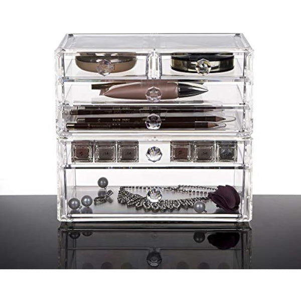 iPEGTOP Acrylic Makeup Organizer Cosmetics Storage Case, Large 6 Drawers Stackable 2 Pieces Clear Makeup Organiser Jewelry Lipstick Holder Display Box for Vanity, Bathroom Counter