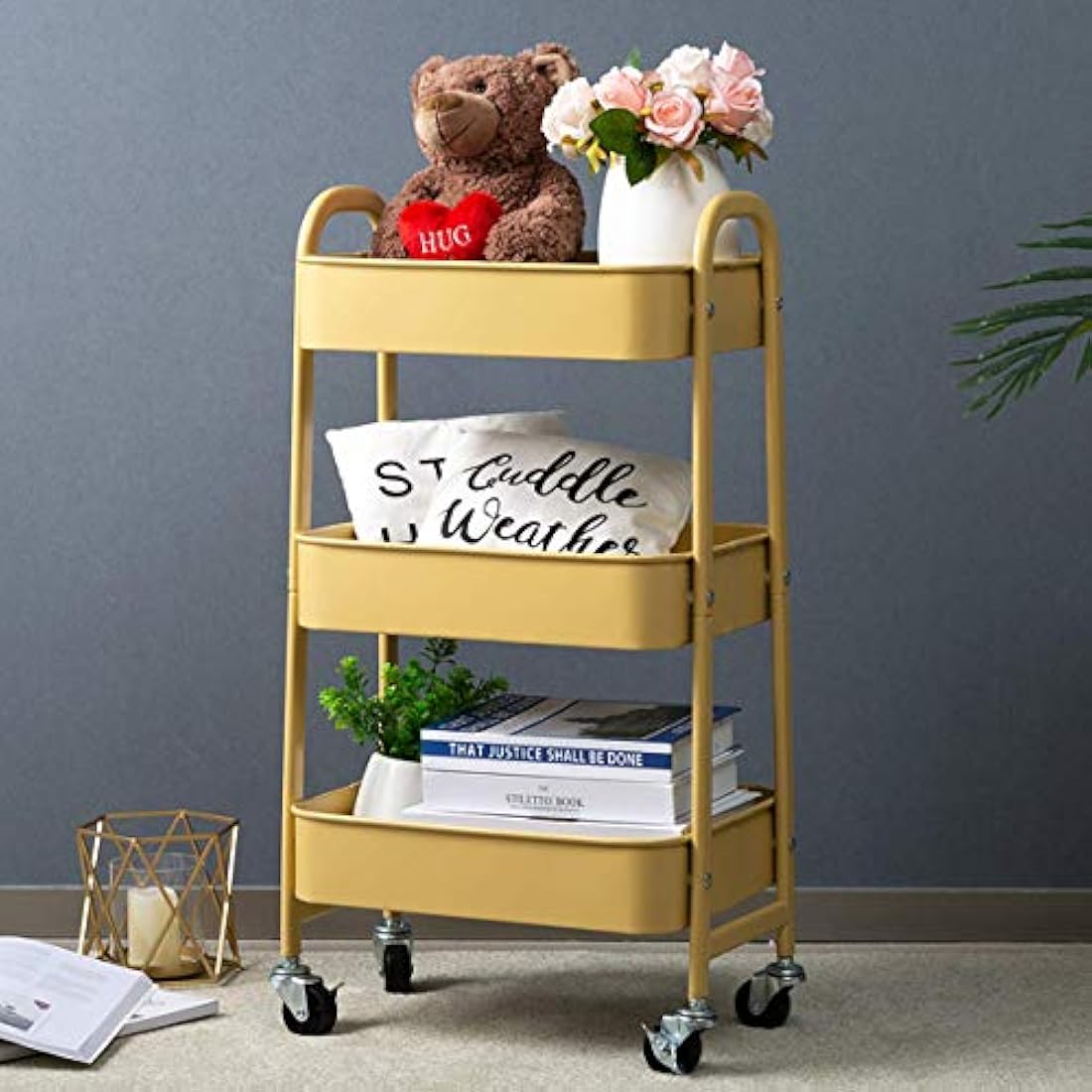 DOEWORKS Storage Trolley on Wheels 3-Tier Metal Storage Cart Rolling Kitchen Trolley Beauty Trolleys Craft Trolleys Utility Cart for Room Bathroom Office, Khaki Yellow