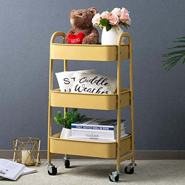 DOEWORKS Storage Trolley on Wheels 3-Tier Metal Storage Cart Rolling Kitchen Trolley Beauty Trolleys Craft Trolleys Utility Cart for Room Bathroom Office, Khaki Yellow
