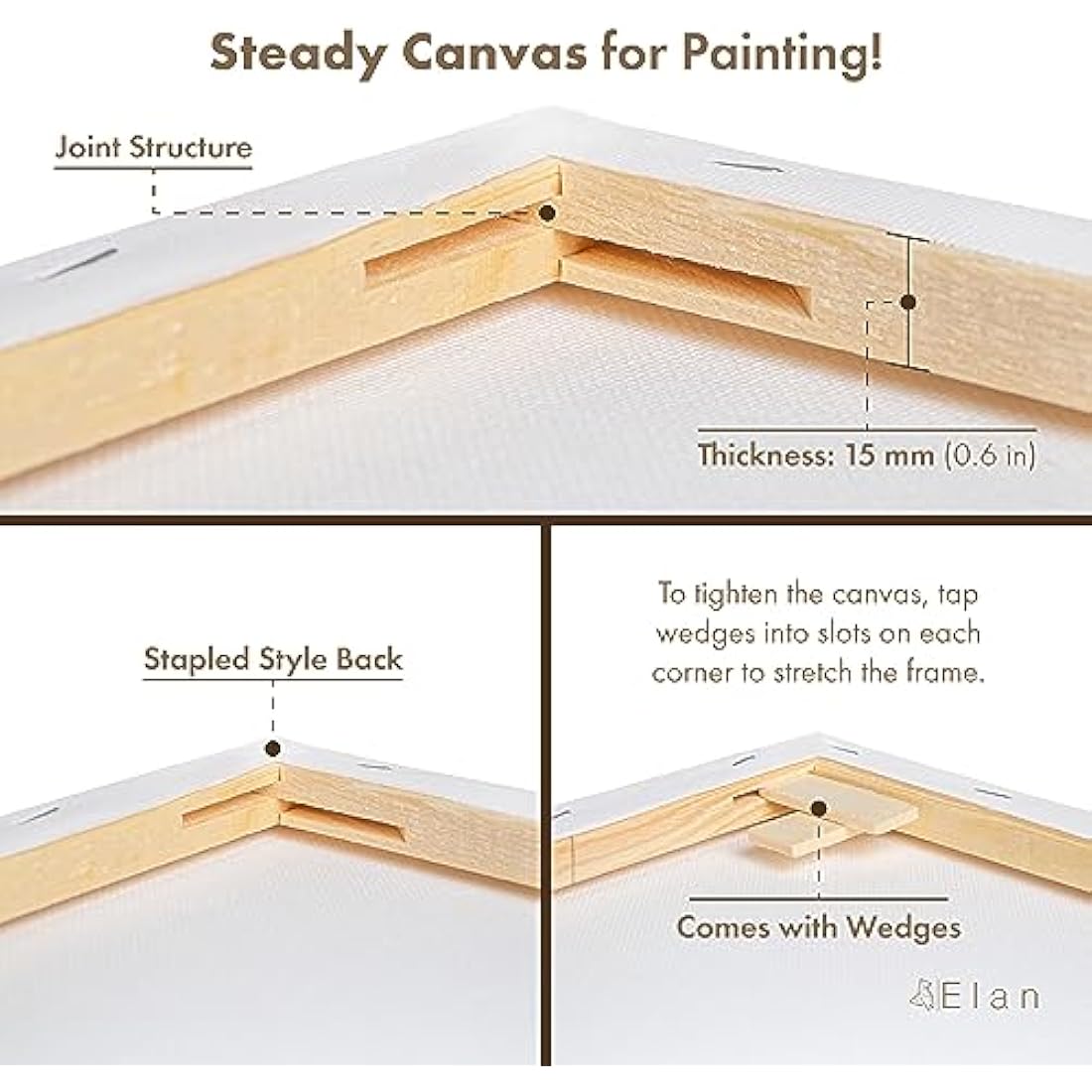 Elan Stretched Canvases 40x40 CM, 6-Pack Art Canvases for Painting 280 GSM, Triple Primed Stretched Canvas for Painting, Blank Canvas 40x40 CM