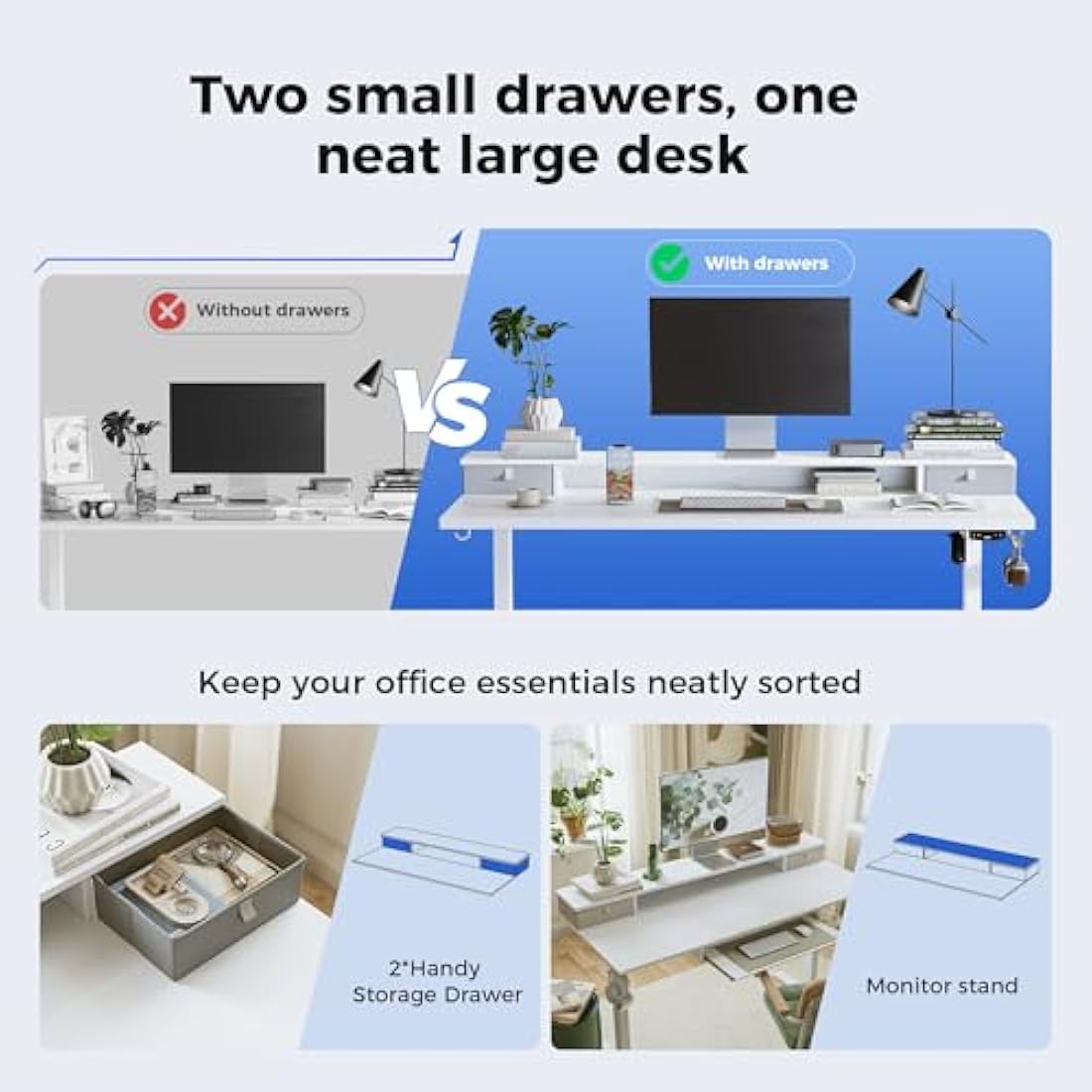 Agilestic Electric Adjustable Height Desk with 2 Drawers, 120 x 60 cm, Stable Sit-Stand Desk with Memory Control, Ergonomic Computer Desk, White