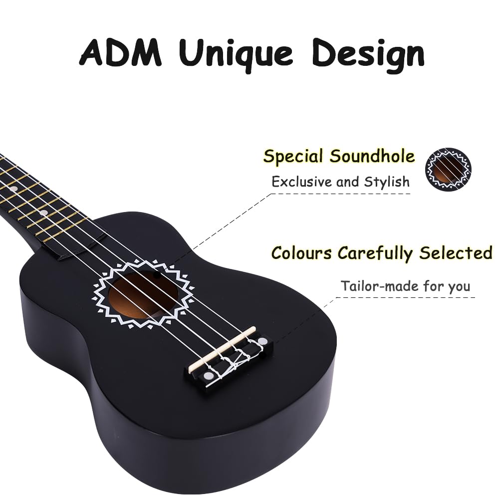 ADM Soprano Ukulele Set for Kids and Beginners, Ukulele Starter Kit with Bag, Clip-On Tuner, Rainbow Strings, Colourful Strap, Plectrum, Fingerboard Sticker, Chord Card (Dark Blue)