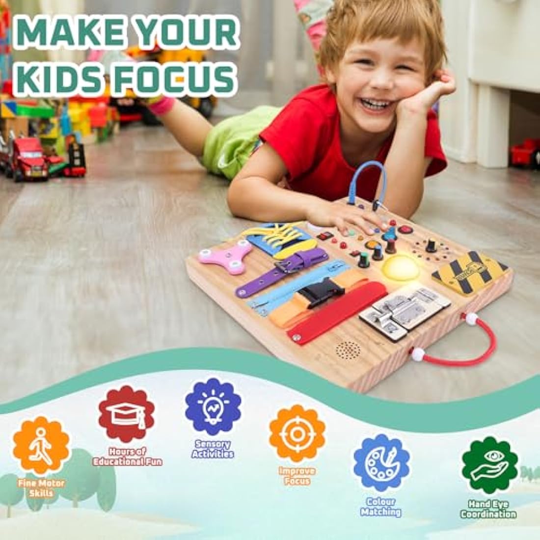 23 in 1 Busy Board Montessori Toys from 1 year Activity Board Wooden Toy With 15 Switches, 26 LED Lights, Motor Skills Toy for 1 2 3 year old boys and girls