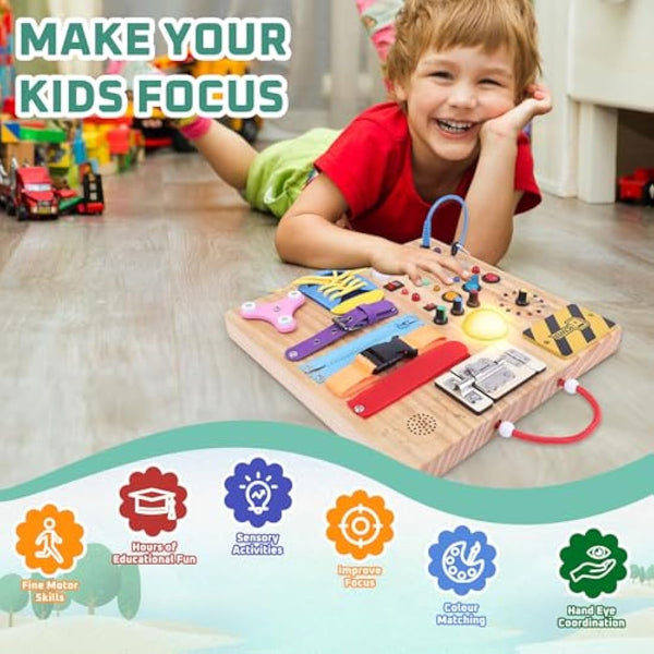 23 in 1 Busy Board Montessori Toys from 1 year Activity Board Wooden Toy With 15 Switches, 26 LED Lights, Motor Skills Toy for 1 2 3 year old boys and girls