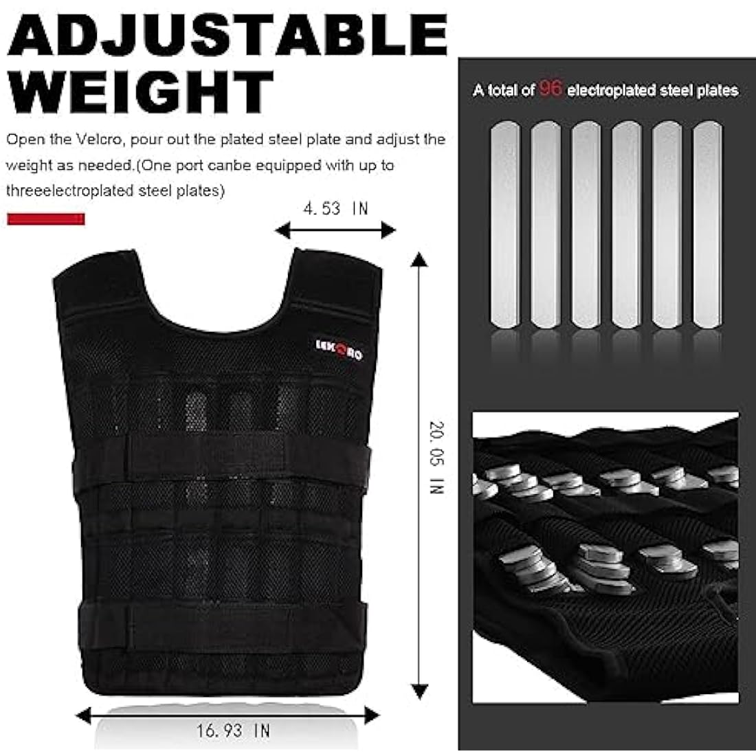 Adjustable Weighted Vest 44LB Workout Weight Vest Training Fitness Weighted Jacket for Man Woman (Included 96 Steel Plates Weights)