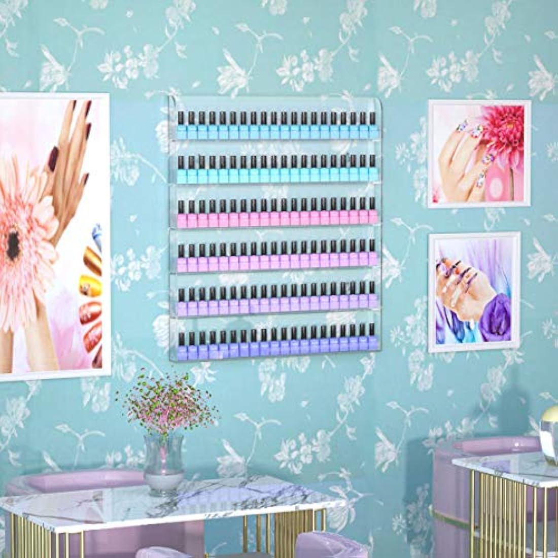 HIIMIEI Acrylic Wall Mounted Nail Polish Display Stand Display Rack Nail Polish Organiser Storage for Wall Mounted Storage Shelves Holder - 6 Tier