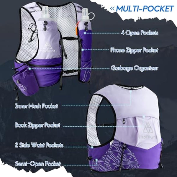 Haimont Hydration Running Vest with Water Bottles for Women Men, Adjustable Lightweight 8L Water Backpack with Soft Flasks for Trail Running Marathon