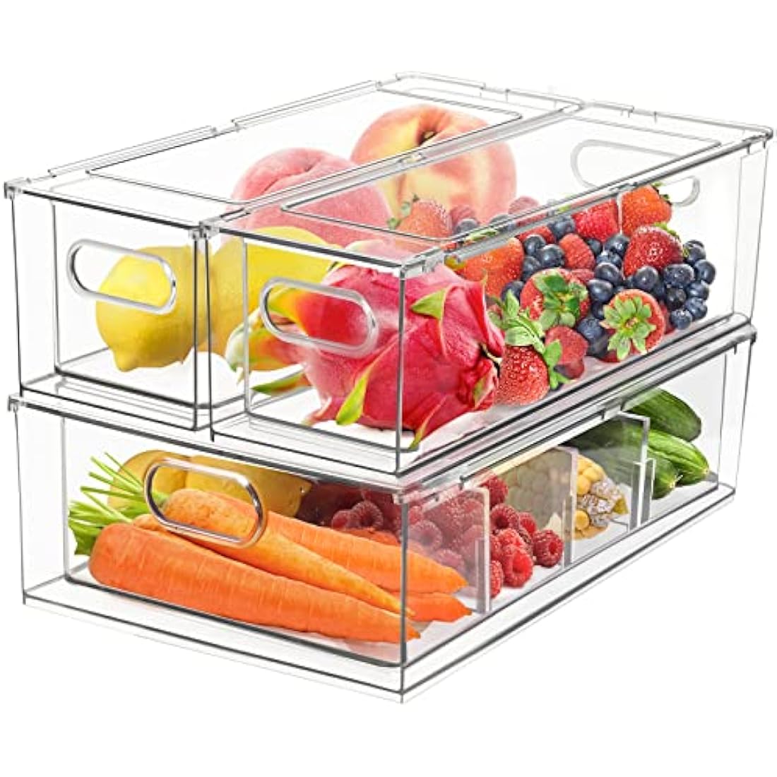3 Pack Refrigerator Organizer Bins with Pull-out Drawer, Large Stackable Fridge Drawer Organizer Set with Handle, BPA-free Drawable Clear Storage for Freezer, Cabinet, Kitchen, Pantry Organization