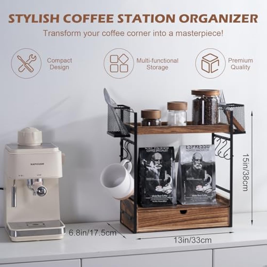 3-Tier Coffee Station Organizer with Slide Out Drawer, 2 Metal Baskets & 6 Hooks, Bathroom Organiser, Mug Storage for Home, Office, Wooden Desk Organiser, Kitchen Shelf Organiser for Countertop