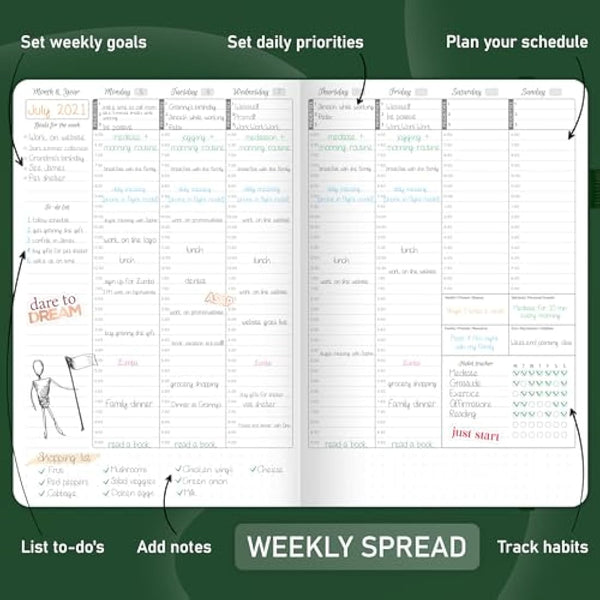 GoGirl Weekly Schedule Planner – Hourly Work & Life Planner with Time Slots – Vertical Agenda Organizer for Daily Productivity, A5 (Forest Green)