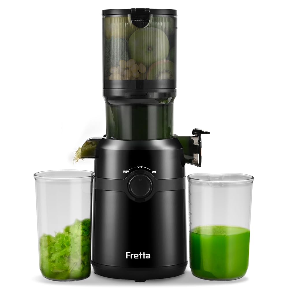Cold Press Juicer Machines,Fretta Slow Masticating Juicer with 108mm &1.0L Hopper for Whole Fruits and Vegetables,200W Self Feeding High Yield Juice Extractor,BPA Free Tritan, (Black)