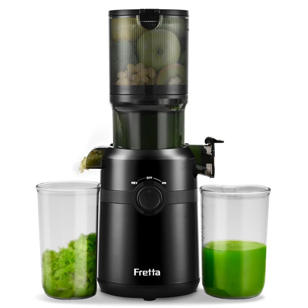 Cold Press Juicer Machines,Fretta Slow Masticating Juicer with 108mm &1.0L Hopper for Whole Fruits and Vegetables,200W Self Feeding High Yield Juice Extractor,BPA Free Tritan, (Black)