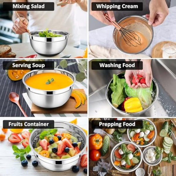 HaWare Mixing Bowl Set of 6, Stainless Steel Salad Bowl for Kitchen Baking, Serving, Space-Saving Storage Metal Nesting Bowl, Silicone Bottom & Airtight Lids, Size 4.5/3/2.5/1.5/1.2/0.7QT (Black)