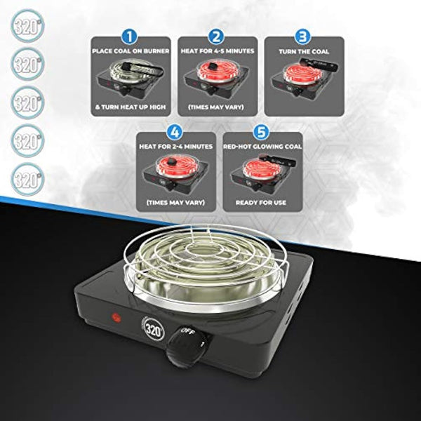 320º Electric Charcoal Burner for Coconut Coal Coil Stove - FULL WARRANTY - Includes Grid & Tongs - 1.4m extra long braided cable
