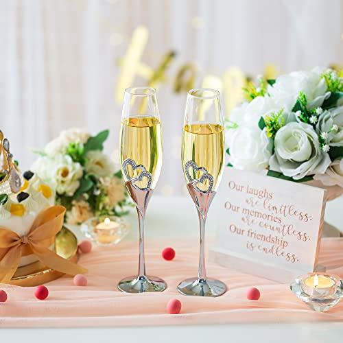 Personalised Champagne Glasses Wedding Gifts - Set of 2 Mr and Mrs Champagne Flutes with Engraved Wooden Gift Box Silver Crystal Champagne Glass