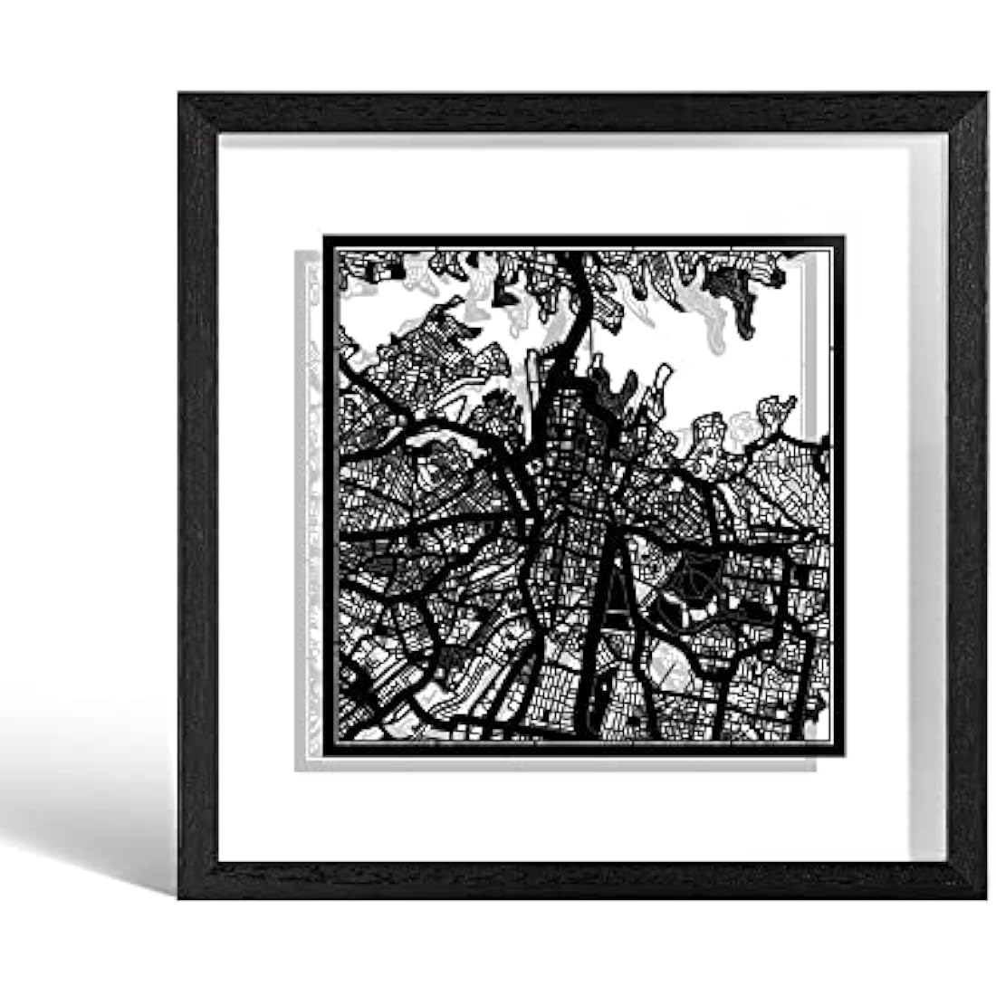 O3 DESIGN STUDIO Sydney Paper Cut Map framed, Black map, Black frame, 9x9 inches, Gift Boxed, 2 background color, self-changing, Paper Art