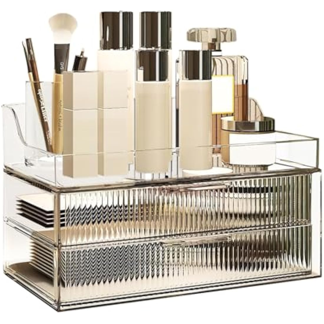DASITON Clear Dustproof Two layers Storage Box,Makeup Brush Holder,Large Capacity Desktop Storage Box with Drawer,for Beauty Products,Perfume,Jewelry,Nail Polish