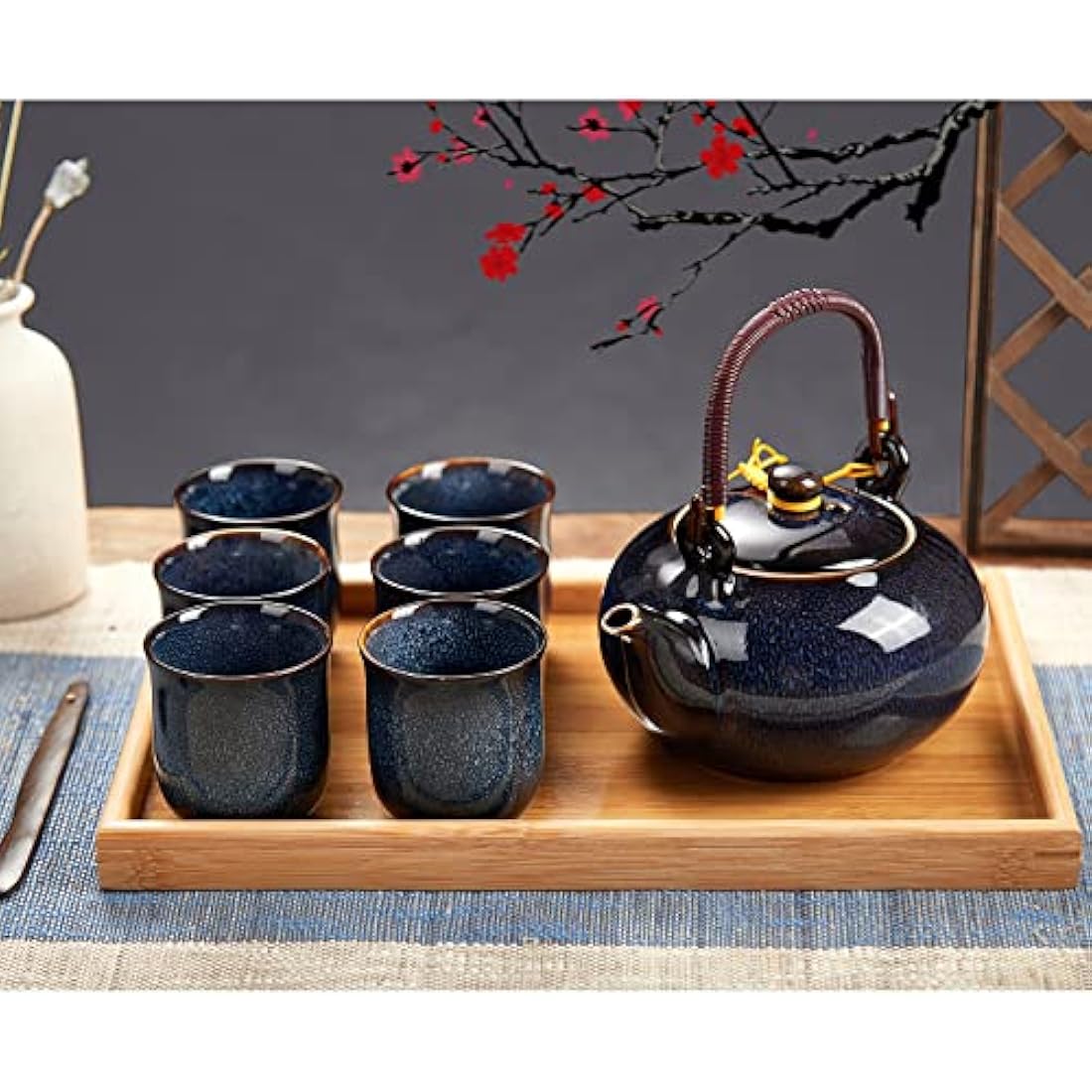 DUJUST Japanese Porcelain Tea Set for 6, Kiln Altered Glaze Teapot & Cups, Unique Adult Gift, Dark Blue