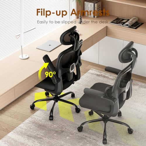 Farini Office Desk Chair with Flip-Up Armrest, High Back Ergonomic Computer Chair with Adjustable Headrest and Lumbar Support for Home and Office