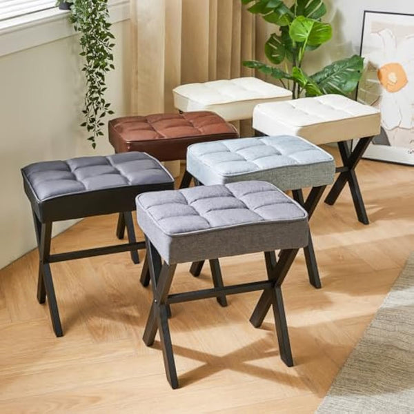 IBUYKE Square Makeup Stool with X-Leg Foot Rest, Linen Footrest Stool, Ottoman Seat Vanity Stool, Multi-Use as Small Side Table, for Bedroom, Living Room, Dark Gray L/G-70G