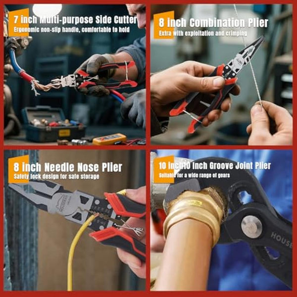 HOUSERAN Plier Set,8-Piece Tool Set with Case Including 10” Groove Joint Pliers,8.3” Long Nose,8.3” Linesman,7.5” Diagonal,6” Flush Cutter,5” Long Nose,5” 170 Cutter,Rubber Mallet for DIY & Home Use