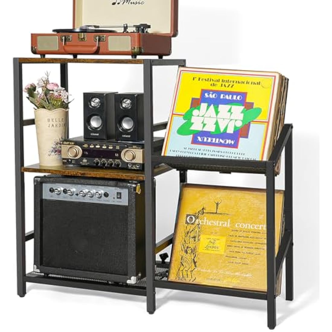 ikkle Record Player Stand with Vinyl Record Storage, 2-Tier Metal Mesh Record Storage for Up to 200 Albums, Turntable Stand with Vinyl Holder for Living Room Bedroom
