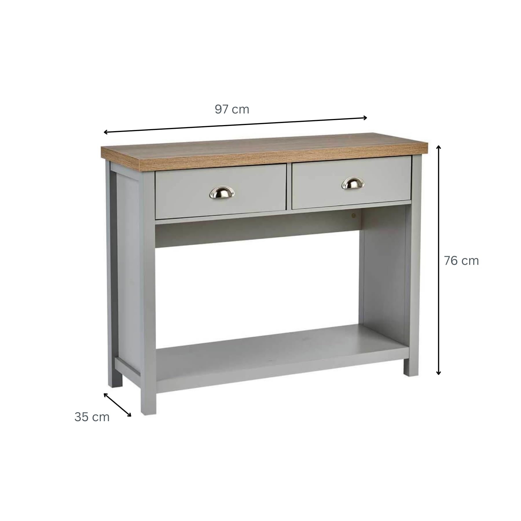 Home Source 2 Drawer Console Side Table Compact Sideboard Storage, Grey, Oak Effect